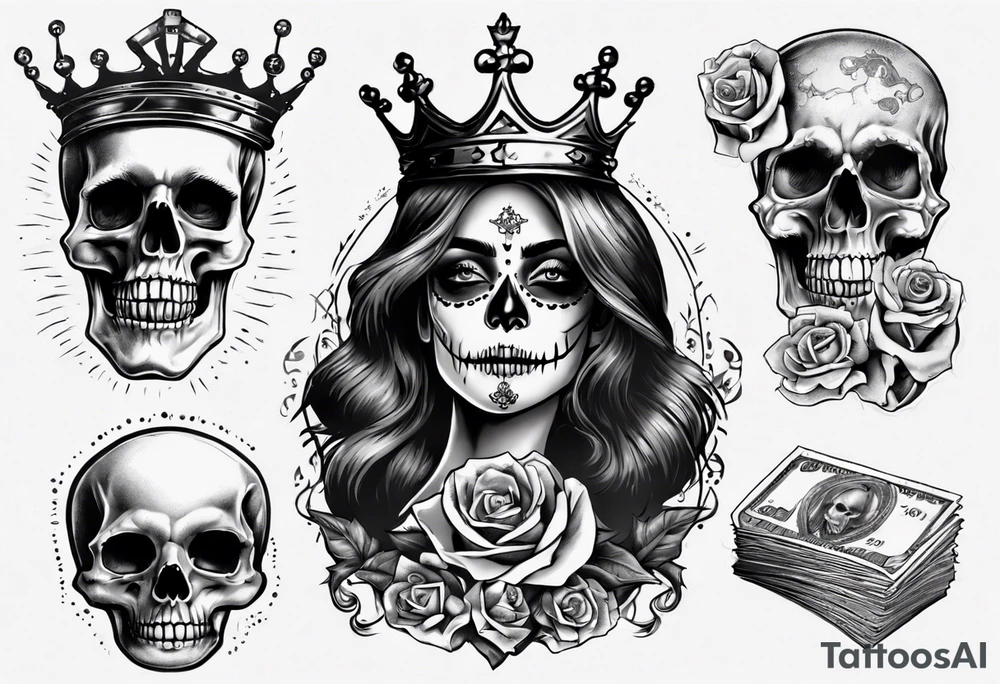 santa la muerta with dollars and crown
on card tattoo idea