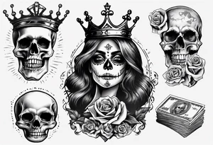 santa la muerta with dollars and crown
on card tattoo idea