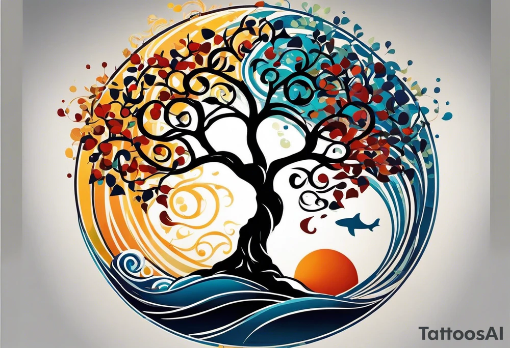 an abstract Tree of Life tattoo. It should have roots growing out of the bottom. The roots slowly turn into water from the Great Wave by Hokusai. A golf flag should be placed discreetly growing out of the ground. 2 license plate tags should be hanging from the tree. Place a few music notes in the areas the leaves should be. The letters A U should be engraved into the tree trunk in a heart. tattoo idea