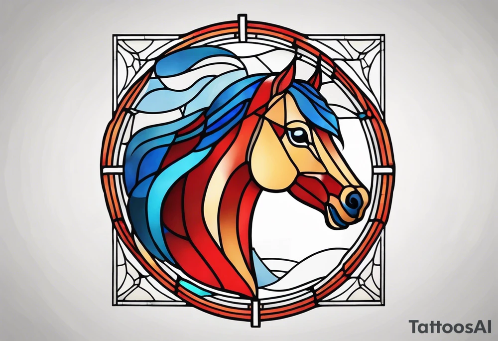 stained glass window with a red horse's head rising from the blue ocean waves tattoo idea