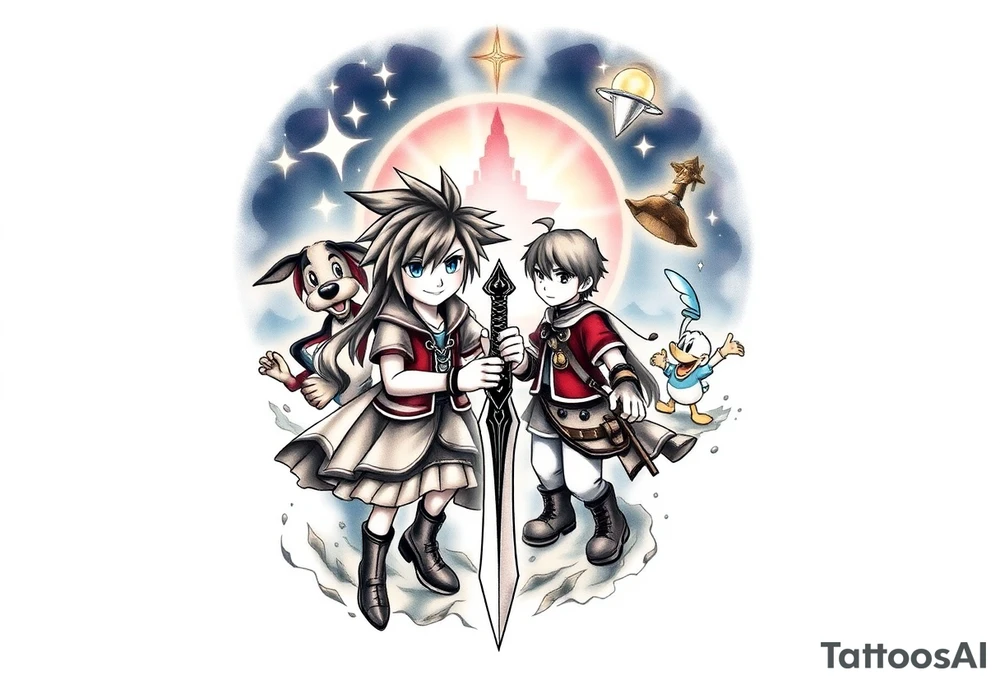 Exact Kingdom Hearts tattoo design featuring sora, kairi, riku, donald and goofy from the game, together in a dynamic, united pose. The centerpiece should include the soras Keyblade, with a beautiful and ethereal dark Kingdom Hearts-inspired background—think glowing stars, floating islands, and stained-glass elements in backroung. The design should capture themes of friendship, light vs. darkness, and adventure. Style should be detailed, fantasy-oriented, and suitable for a large piece tattoo idea