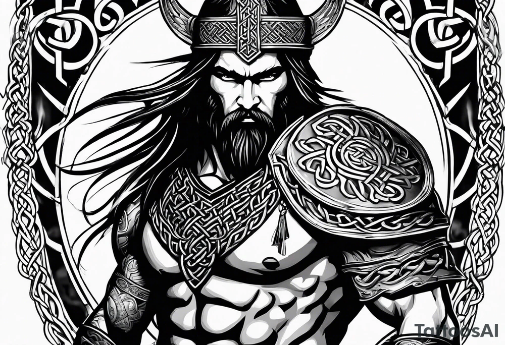 Full body side profile of Celtic warrior with weapons drawn tattoo idea