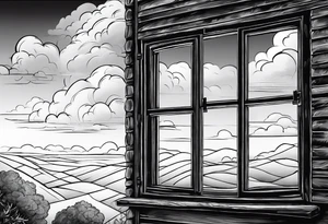 black and white hand drawn drawing showing an open window. In the background of the window there is nothing else, only vastness and clouds. tattoo idea