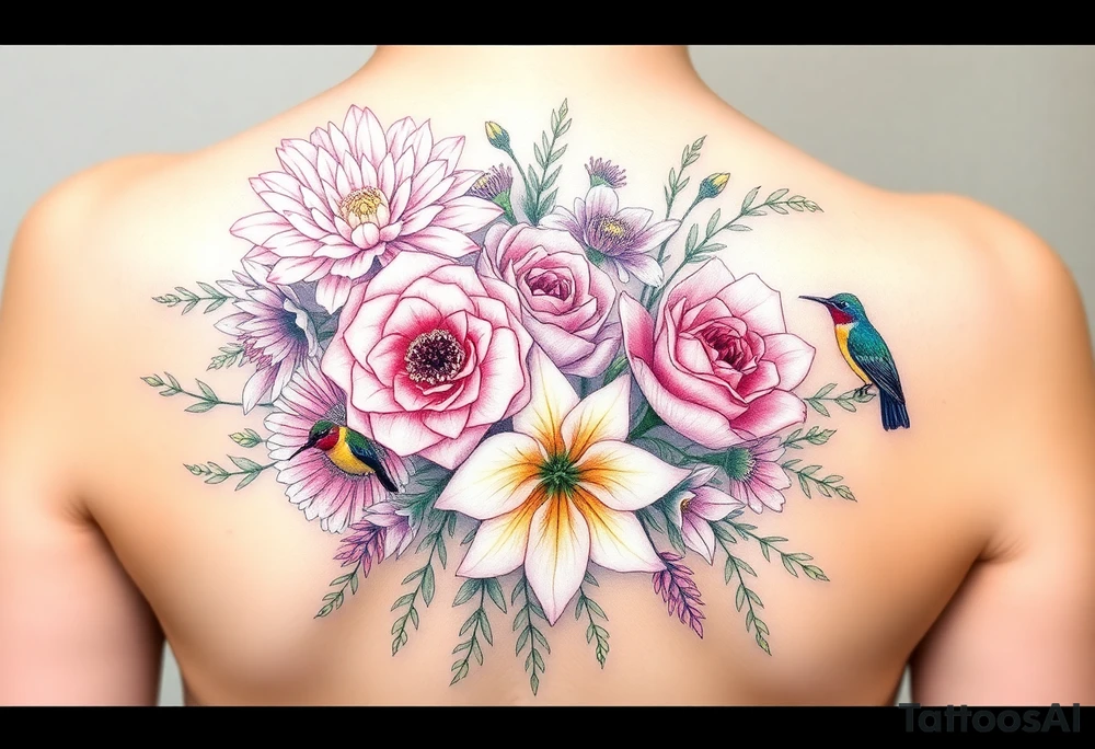 Bouquet of flowers With pastel carnation, Aster, rose, Lily, two Larkspur,  narciussus, And two little hummingbirds. tattoo idea