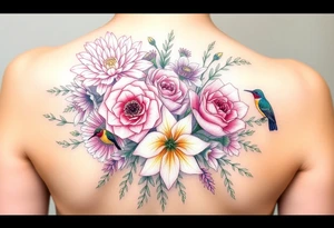 Bouquet of flowers With pastel carnation, Aster, rose, Lily, two Larkspur,  narciussus, And two little hummingbirds. tattoo idea