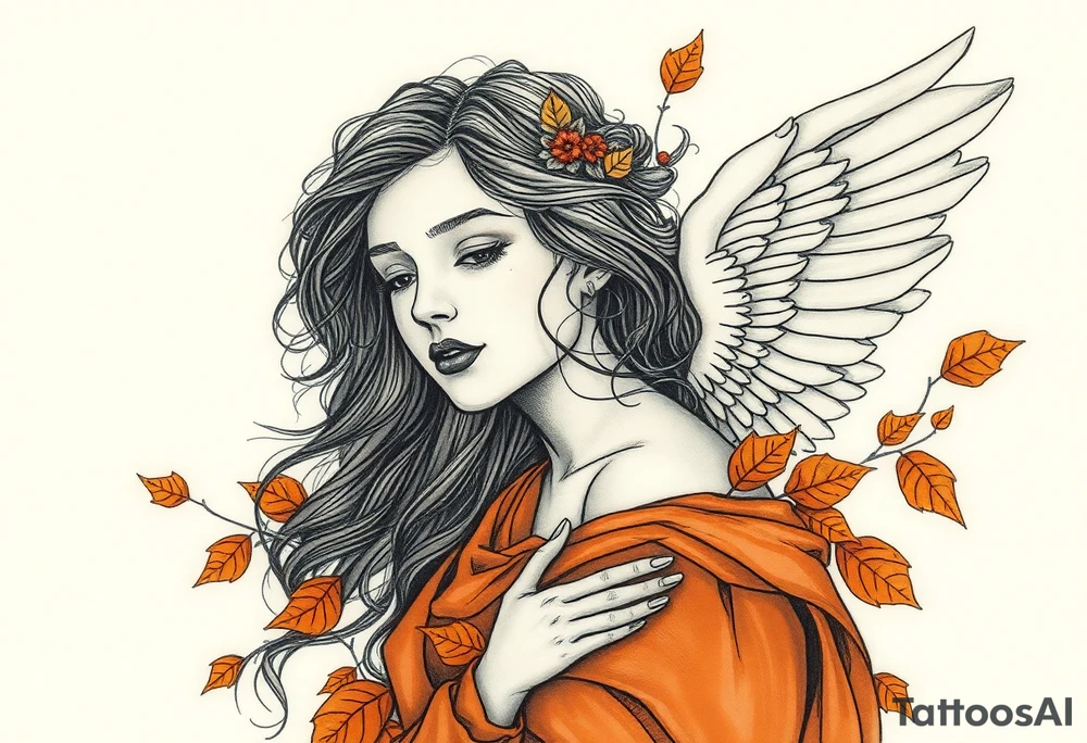 Alfons Mucha’s angelic woman leaning into autumn winds, dressed in burnt sienna fabrics and surrounded by ochre leaves. tattoo idea