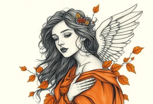 Alfons Mucha’s angelic woman leaning into autumn winds, dressed in burnt sienna fabrics and surrounded by ochre leaves. tattoo idea