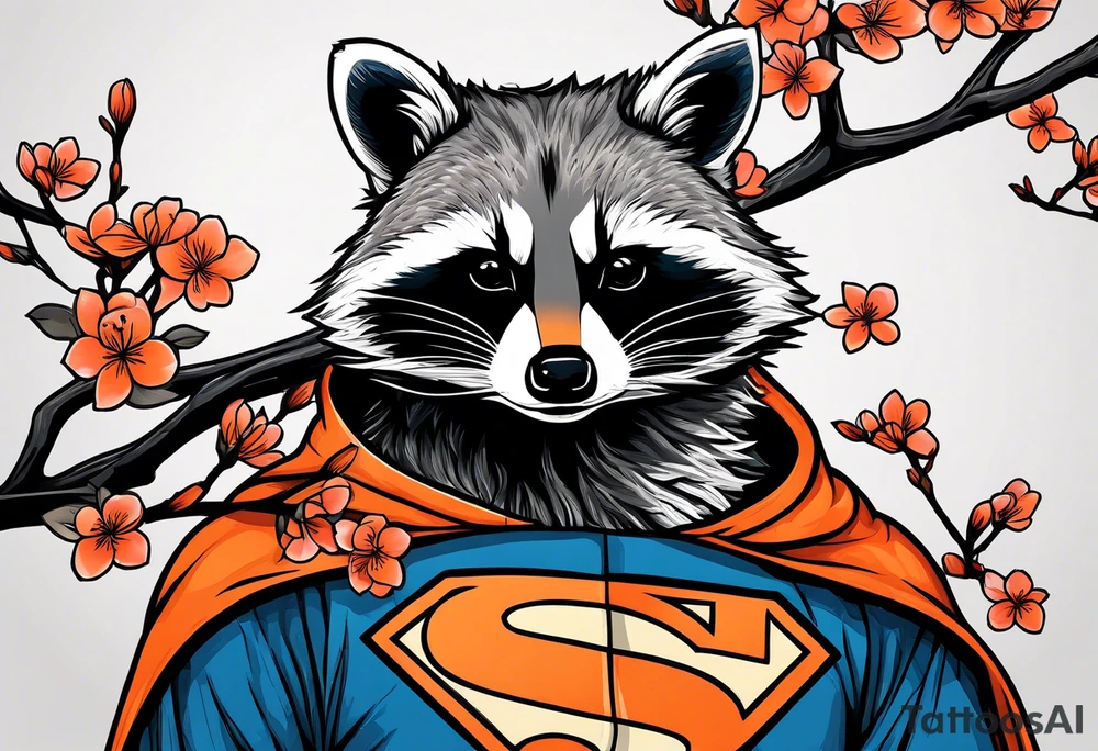 raccoon wearing a black and white Superman hoodie and orange Japanese cherry blossoms tattoo idea