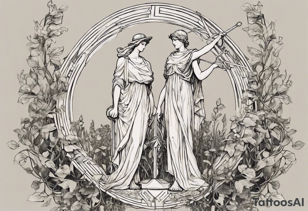 **Design Concept: Athena's Garden**

*Central Focus:*
- Place a small, delicately detailed Athena historic statue with a shield and sword
*Surrounding Elements:*
- Intertwine the statue with vines that gracefully flow outwards, connecting seamlessly with Vincent van Gogh's Irises tattoo.

*Geometric Accents:*
- Incorporate geometric shapes around the shield and vines, creating a structured and visually appealing framework. The shapes could represent elements like knowledge, strength, and protection associated with Athena.

*Athena's Symbols:*
- Include Athena's spear and olive branch as smaller elements within the vine design. They can be strategically placed to enhance the overall balance and symbolism.

*Van Gogh's Irises:*
- Integrate the irises into the vine design, allowing them to gracefully intertwine. Pay attention to the delicate details of the irises, ensuring they complement the overall aesthetic.

 Consider earthy greens for the vines complemented by subtle purples and blues for the irises.

*Placement:*
- Given the detailed and intricate nature of the design, the upper chest provides a suitable canvas for the tattoo. Ensure the design is scaled appropriately to fit the chosen placement. tattoo idea