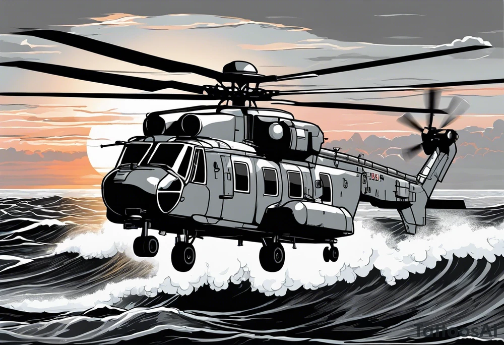canadian military grey helicopter cyclone CH-148, a helicopter flying over rough water, Clear sky, sunset
, military art, ocean specular, highly detailed background, detailed 4 k drawing tattoo idea