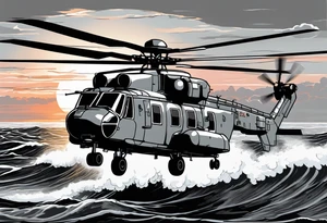 canadian military grey helicopter cyclone CH-148, a helicopter flying over rough water, Clear sky, sunset
, military art, ocean specular, highly detailed background, detailed 4 k drawing tattoo idea