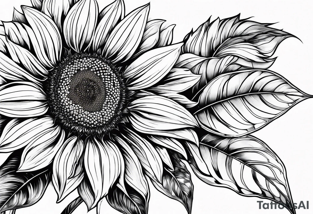 sunflower geometric with leaves tattoo idea