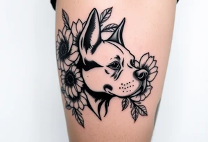 Floral design with peonies with an silhouette outline of a dogs face tattoo idea