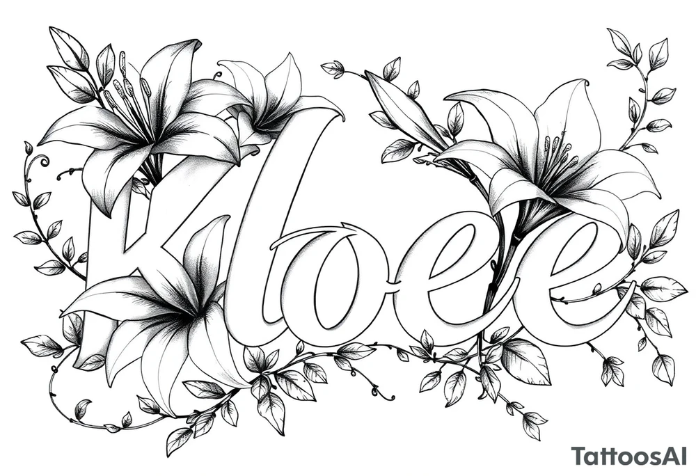 The word Kloee surrounded by big
lilies with the vines in letters tattoo idea