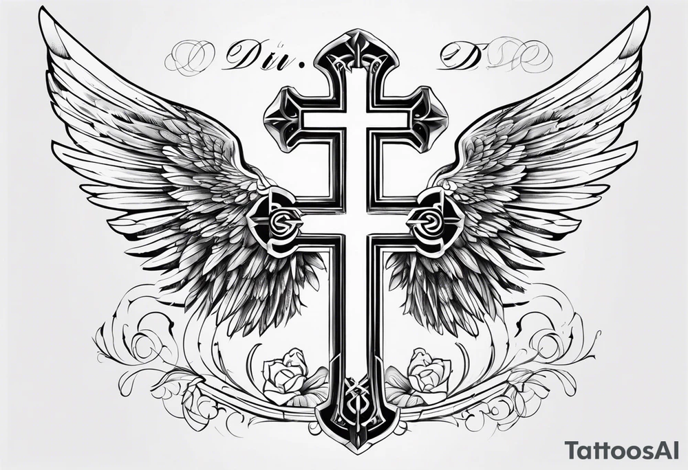 angel wings tattoo with a cross and the letters DJ in it tattoo idea