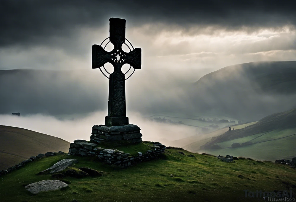 A stone Celtic cross solemnly standing atop a hill, a raven perches atop the cross staring out over the desolation. A ruined stone wall lies crumbling near the cross. Mist rolls along the hilltops adding to the melancholic nature of the scene. Clouds gather in the distance, obscuring the setting sun tattoo idea