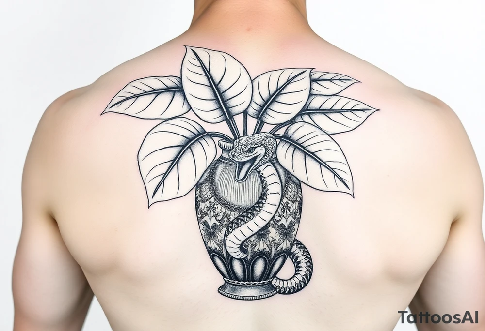 Large Decorative ornamental
 vase with large philodendron leaves with a snake wrapped around showing the head of the snake tattoo idea