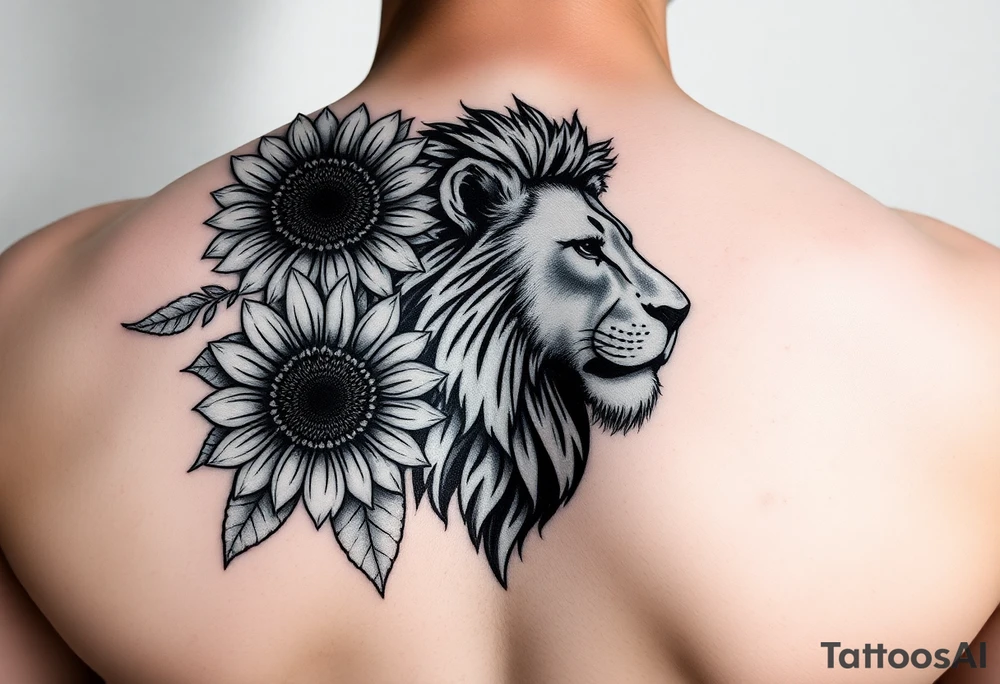 sunflower or multiple sunflowers and lion head profile tattoo idea