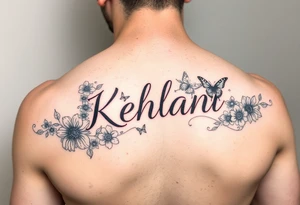 the name kehlani with flowers and butterflies red ink tattoo idea
