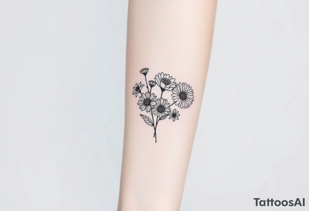 Small flower bouquet with flowers, 1 daisy, 2 cosmo, 1 poppy, 1 chrysanthemum, tattoo idea