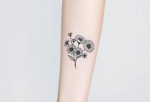 Small flower bouquet with flowers, 1 daisy, 2 cosmo, 1 poppy, 1 chrysanthemum, tattoo idea