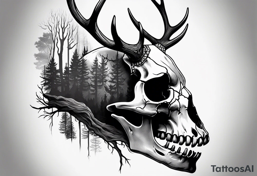 A SCARY side view of a decayed deer skull NO SKIN JUST BONE surrounded by a forest fire in background tattoo idea