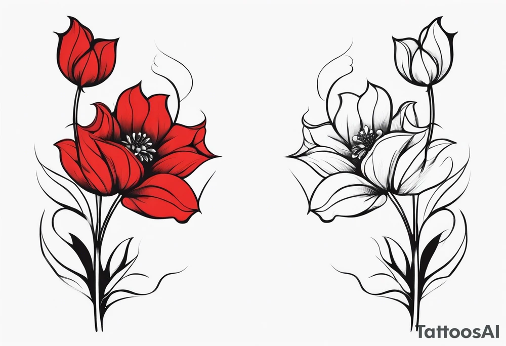 Two flowers coming together vertically, one red and one black and their stems are like smoke tattoo idea