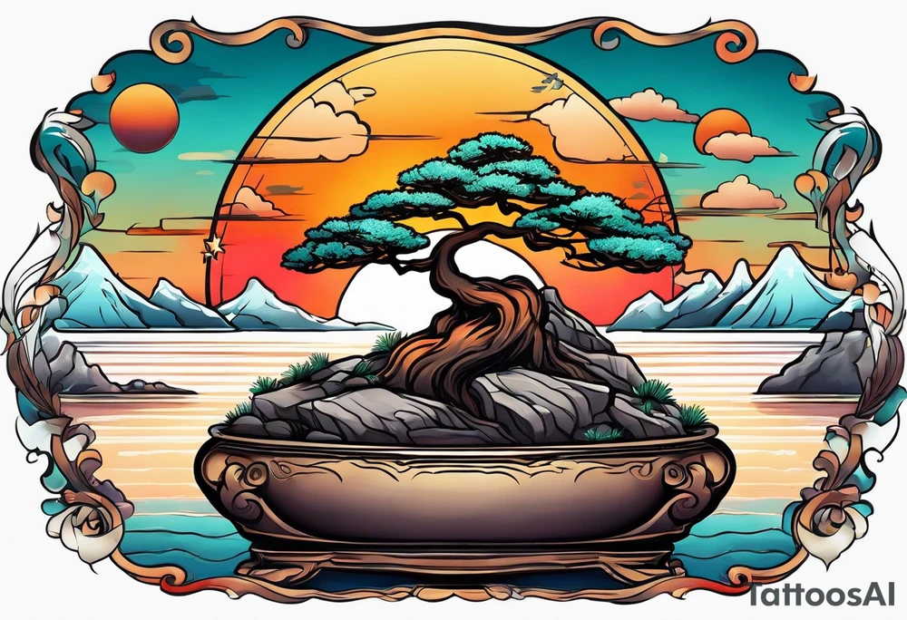 Sunset and little down bonsai trees tattoo idea