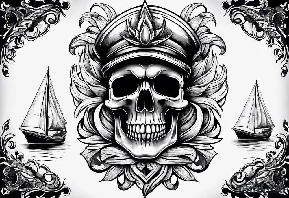 Skull in flames above a sailing boat. tattoo idea