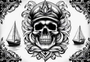 Skull in flames above a sailing boat. tattoo idea