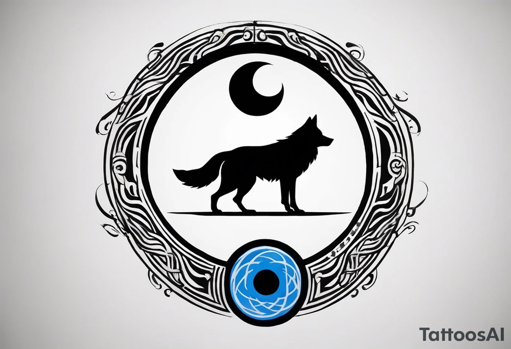 a tattoo whose main theme is balance but also resembles new begining, strong willpower, peace and loyalty. This should be for the front part of the shoulder. maybe add the ying-yang symbol somewhere in the tattoo. Tattoo should have an equal amount of blue and red along with the overall tattoo being black. In corporate a wolf into the tattoo, make sure it resembles ing and yang. wolf needs to look dangerous tattoo idea