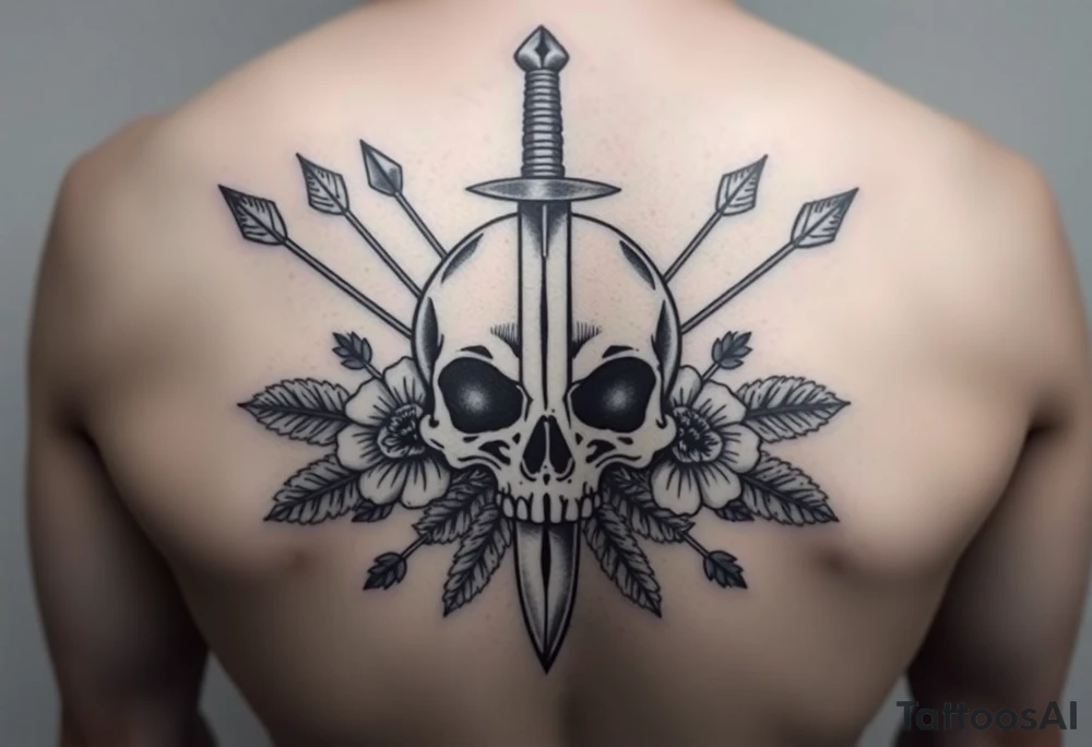 Realistic skull with dagger through it. Surrounds my arrows, flowers and leaves tattoo idea