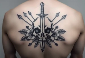 Realistic skull with dagger through it. Surrounds my arrows, flowers and leaves tattoo idea