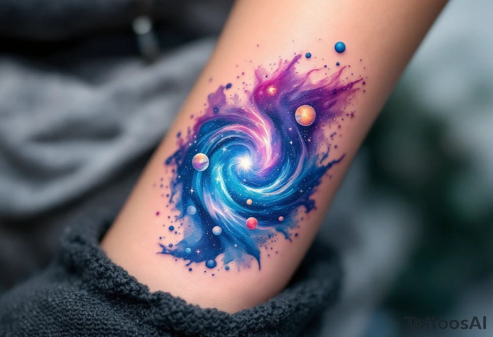 A galaxy scene with stars and planets swirling in deep blue and violet, evoking cosmic freedom. tattoo idea