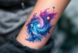 A galaxy scene with stars and planets swirling in deep blue and violet, evoking cosmic freedom. tattoo idea