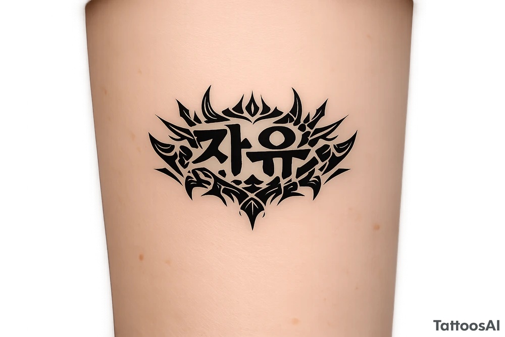 free written in korean with kpop demon hunters patterns, have it evoke the styling of korean writing and incorporate golden joinery less symetrical tattoo idea