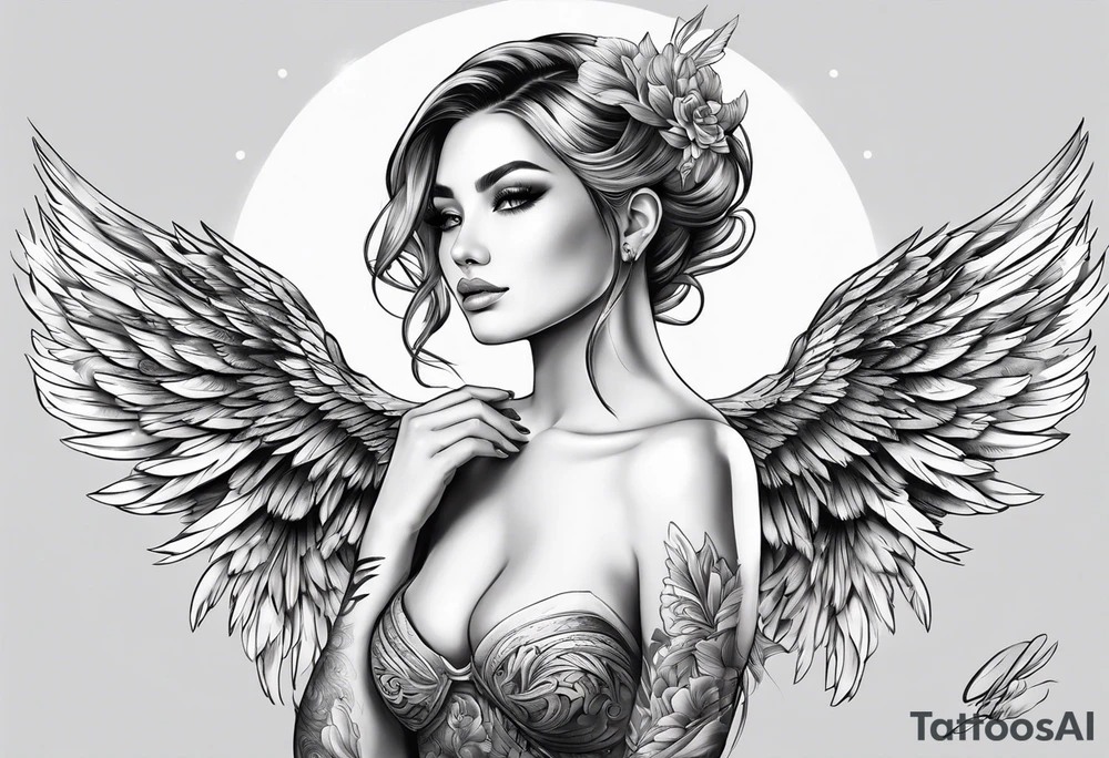 Beautiful woman angle with large wings tattoo idea
