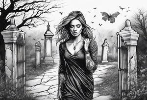 Courageous Woman with a tear running down her face walking out of a graveyard  leaving her old terrifying, scary, violent past behind her ethereal and mysterious tattoo idea