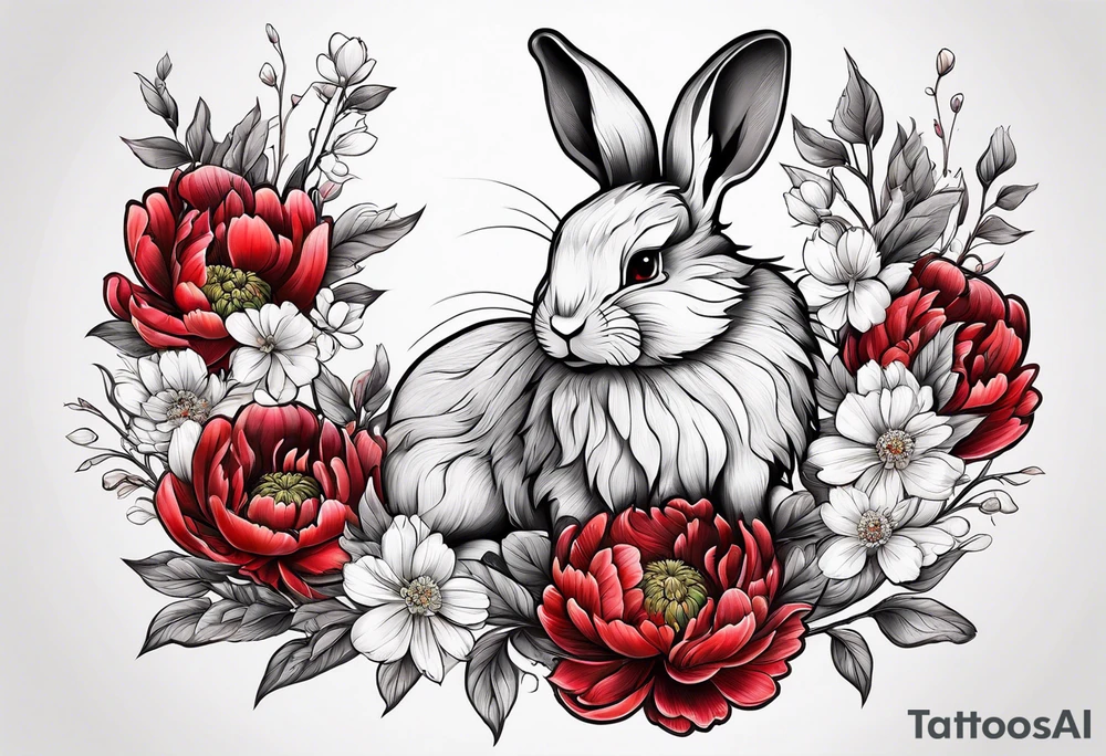 Red peony with tiny cute rabbit tattoo idea
