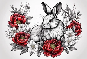 Red peony with tiny cute rabbit tattoo idea