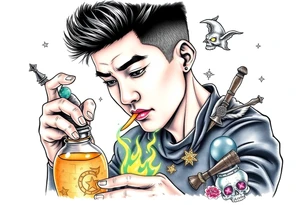 Handsome Asian young adult guy is  accidentally stumbled upon witch tools, supplies, artifacts, potions and exploring it curiously tattoo idea