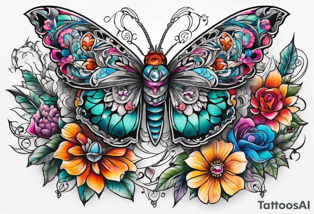 ornaments of flowers and moth with crystals 
chest piece tattoo idea