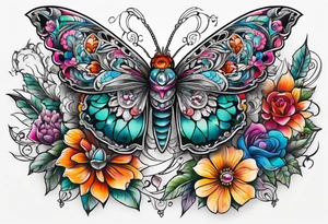 ornaments of flowers and moth with crystals 
chest piece tattoo idea