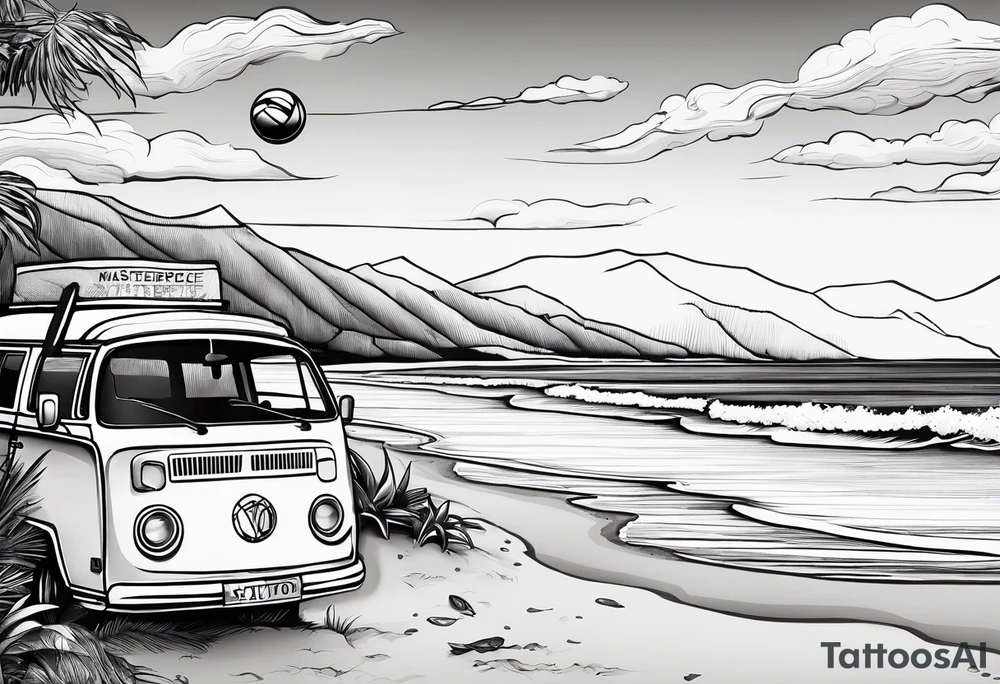 Beach with hills behind, a rugby ball, wine bottle and book on the beach, a plane in the sky and a campervan tattoo idea