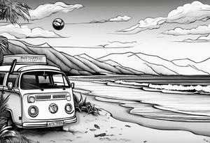 Beach with hills behind, a rugby ball, wine bottle and book on the beach, a plane in the sky and a campervan tattoo idea