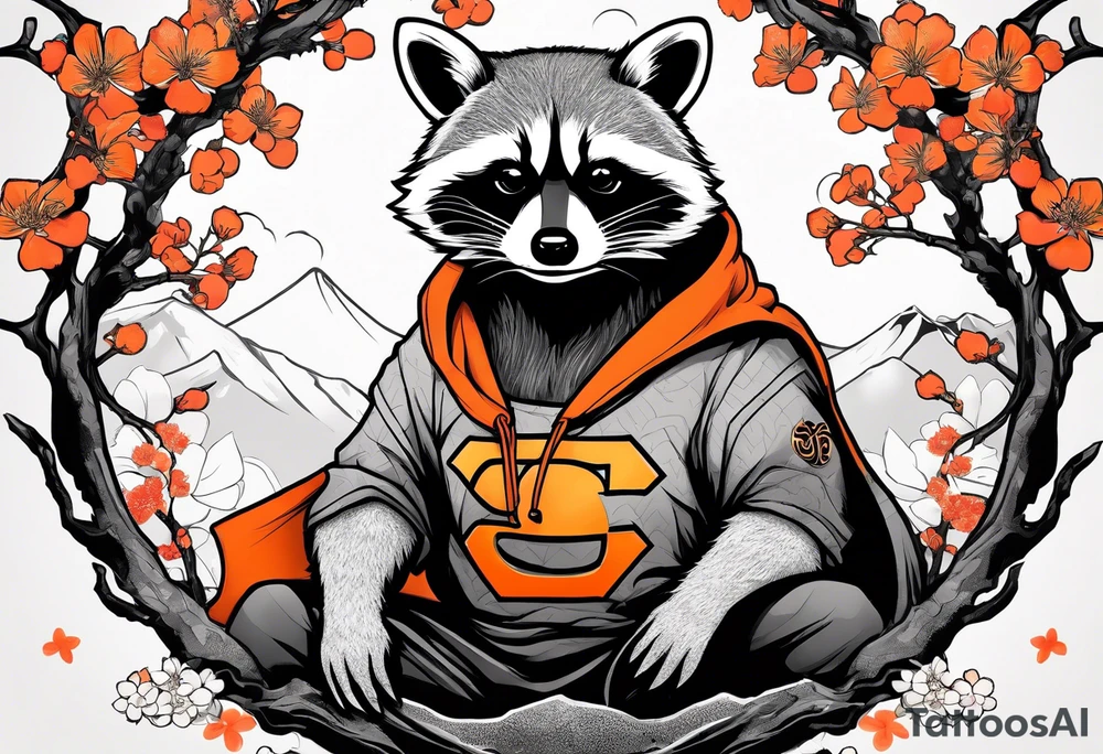 raccoon wearing a black and white Superman hoodie and orange Japanese cherry blossoms tattoo idea