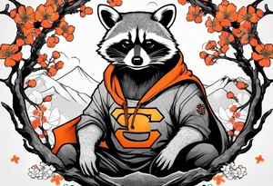 raccoon wearing a black and white Superman hoodie and orange Japanese cherry blossoms tattoo idea