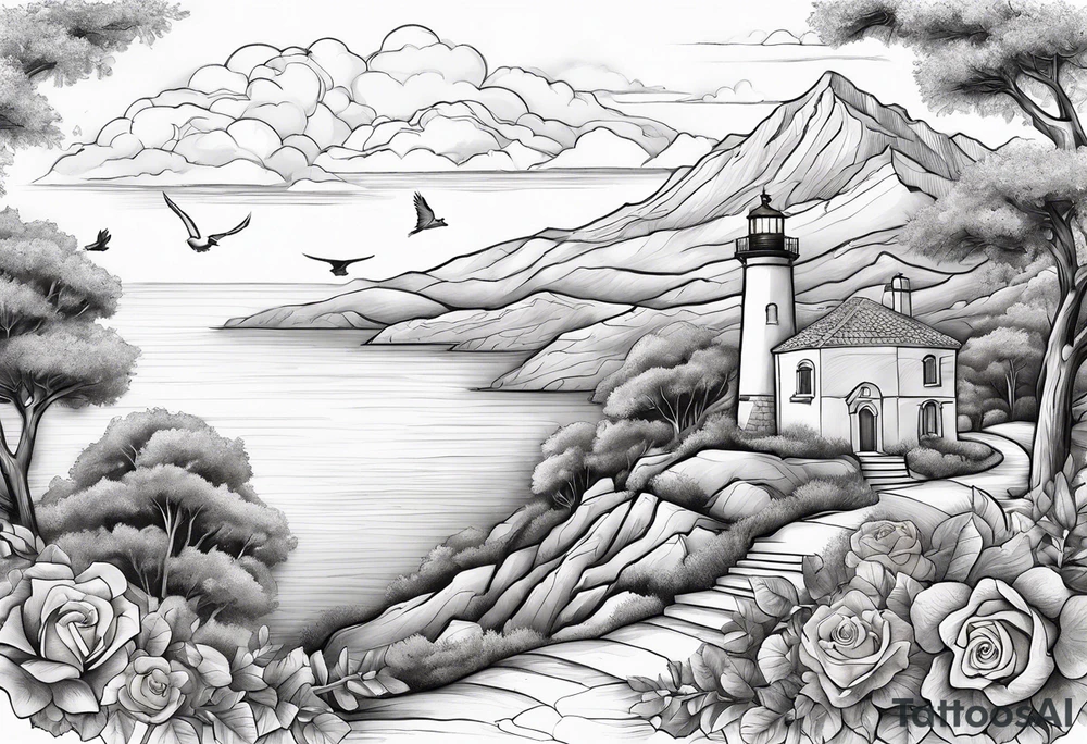 Create a Mediterranean climate with a mountain in the background, add an oak tree, a rose bush, a dove with an olive leaf, a playing harp, a lighted lighthouse tattoo idea