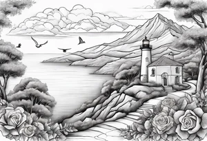 Create a Mediterranean climate with a mountain in the background, add an oak tree, a rose bush, a dove with an olive leaf, a playing harp, a lighted lighthouse tattoo idea