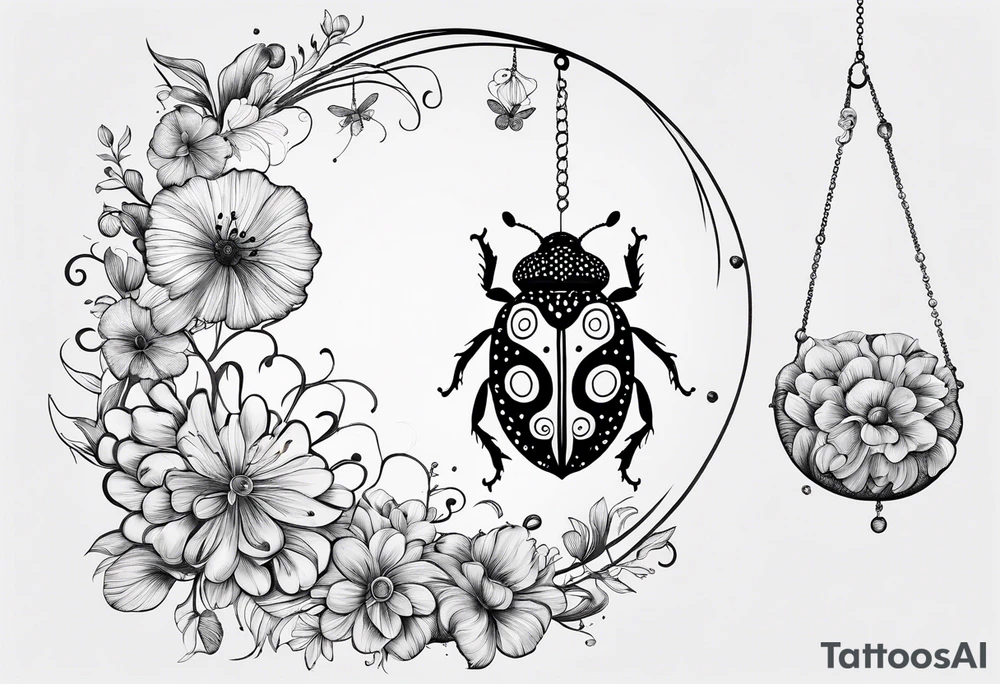 very minimalist thin lining combination of a ladybug, the letter ‘s’, a jellyfish and a swing tattoo idea